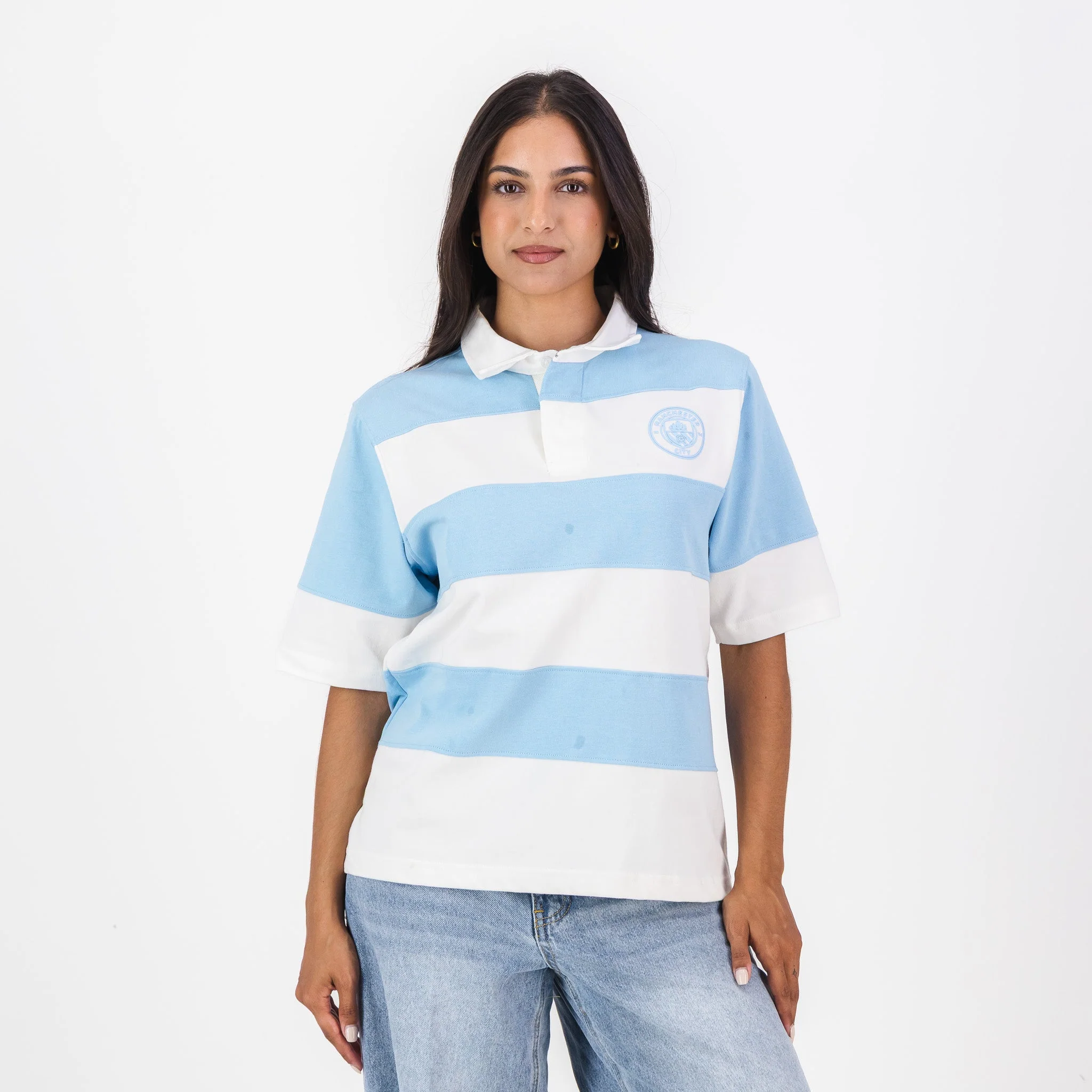 Manchester City YD Stripe SS Rugby Polo-Sky Blue - Image 3